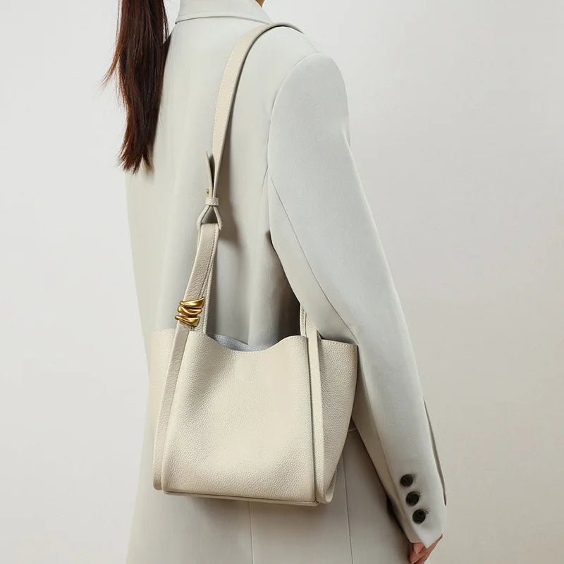 Skuldertaske i Ægte Læder – Hvid og Irisgul Bucket Bag - My Store