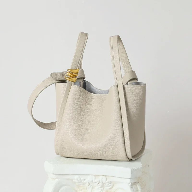 Skuldertaske i Ægte Læder – Hvid og Irisgul Bucket Bag - My Store